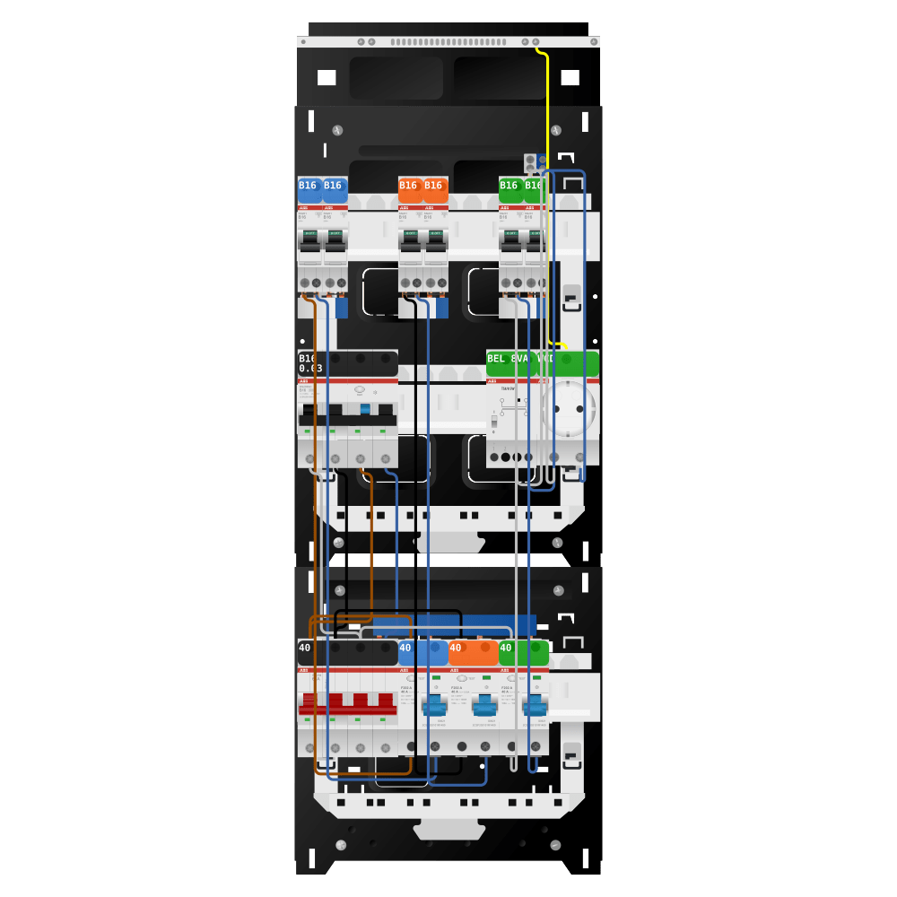 ABB Groepenkast 3 fase 6 groepen + beltrafo + wcd + kracht SN201