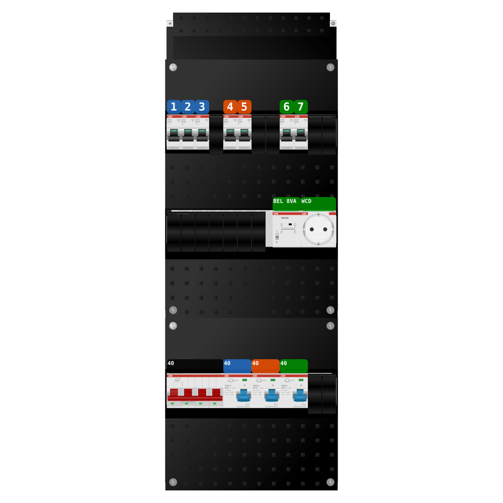 ABB Groepenkast 3 fase 7 groepen + beltrafo + wcd SN201