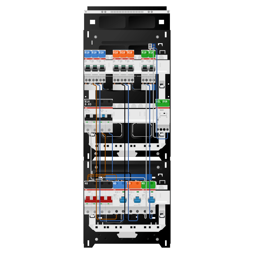 ABB Groepenkast 3 fase 8 groepen + beltrafo + kracht SN201