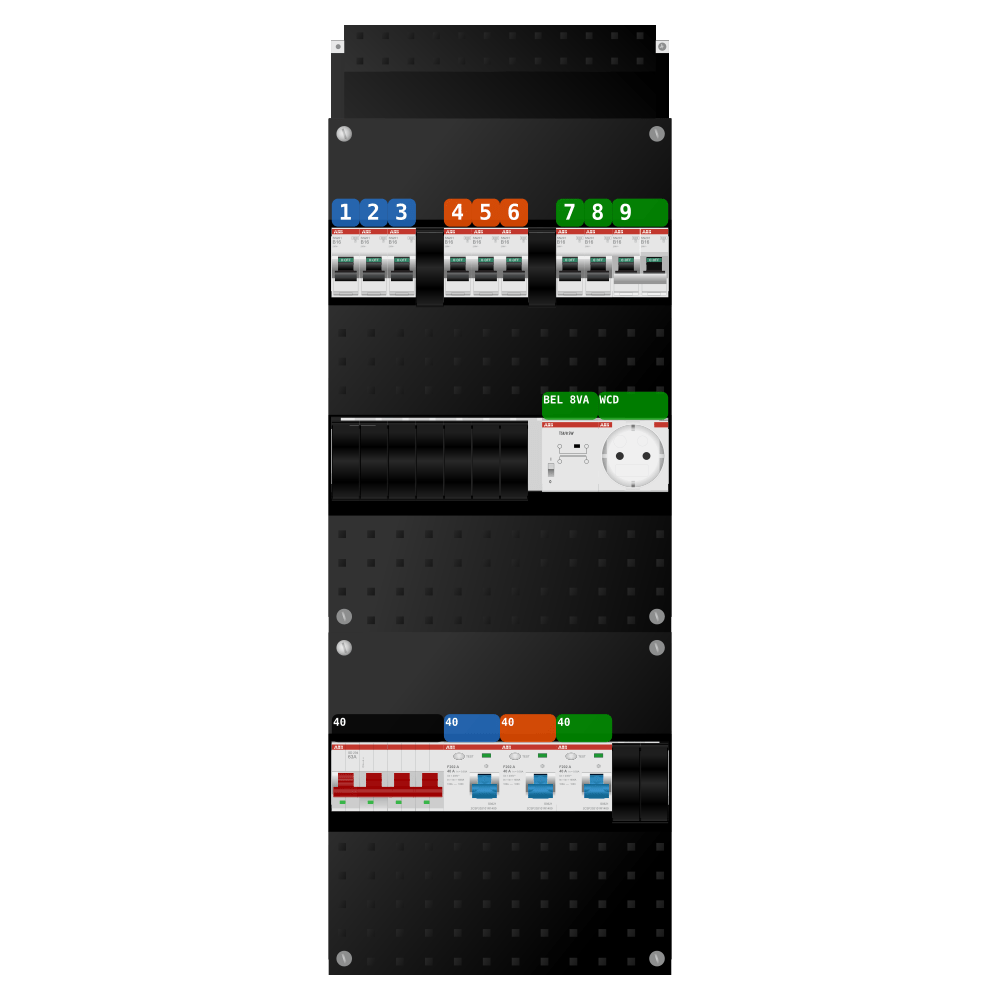 ABB Groepenkast 3 fase 8 groepen + beltrafo + wcd + kookgroep SN201