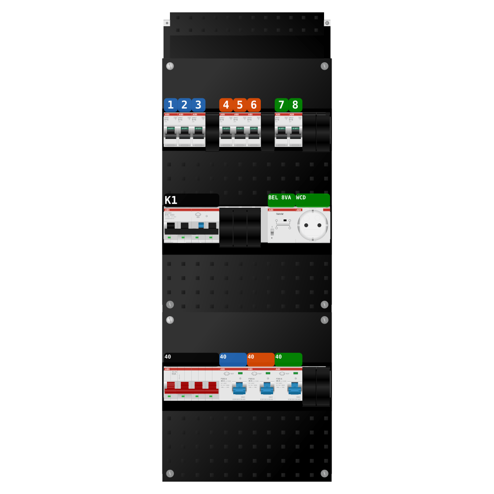 ABB Groepenkast 3 fase 8 groepen + beltrafo + wcd + kracht SN201