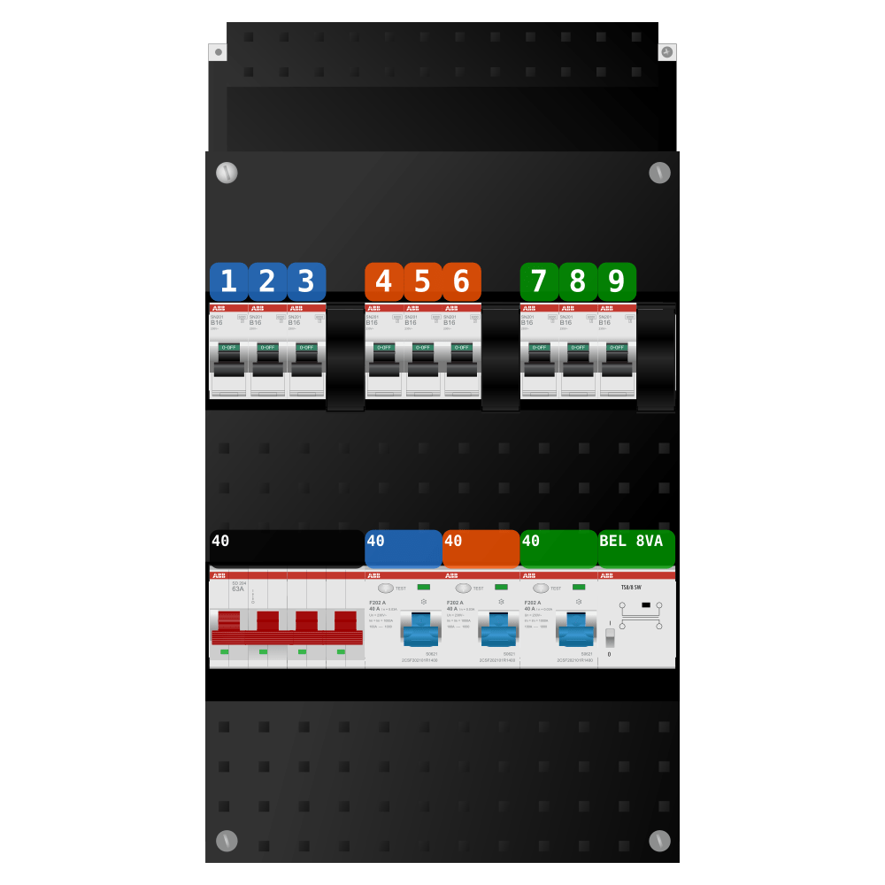 ABB Groepenkast 3 fase 9 groepen + beltrafo SN201