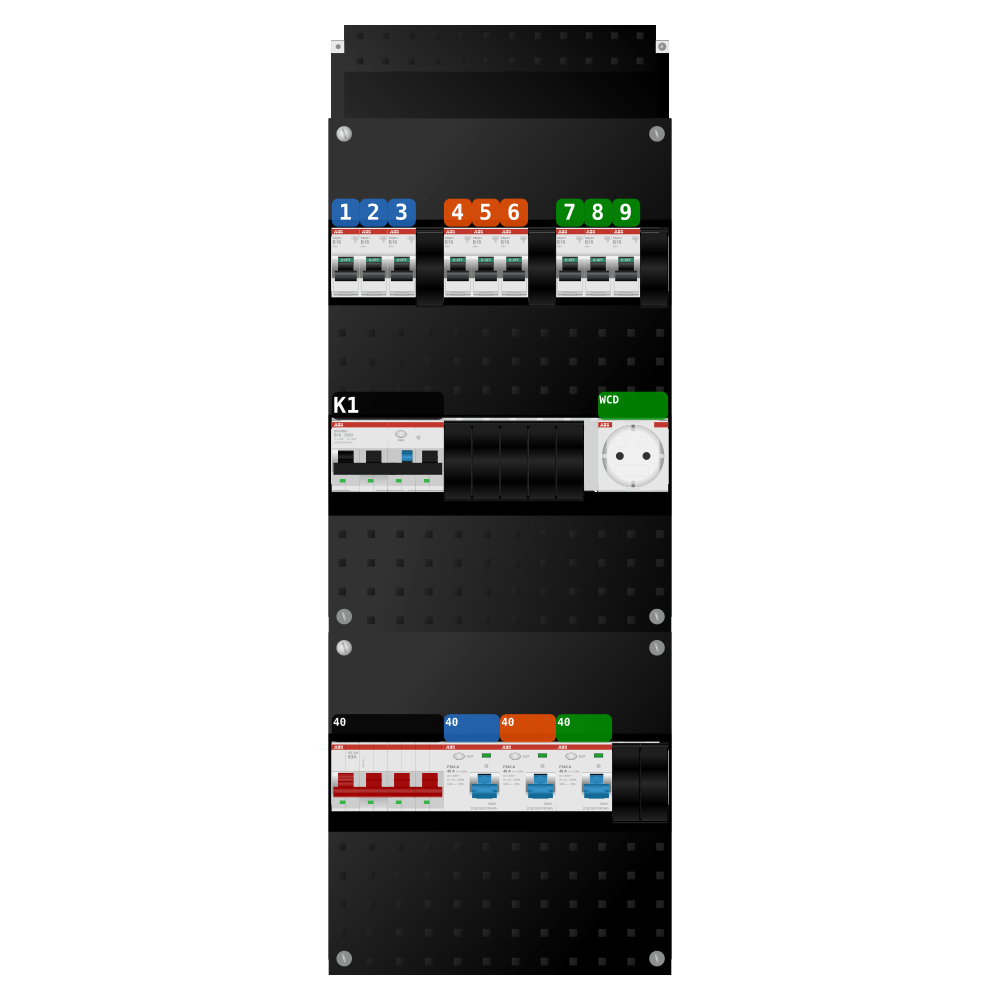 ABB Groepenkast 3 fase 9 groepen + wcd + kracht SN201