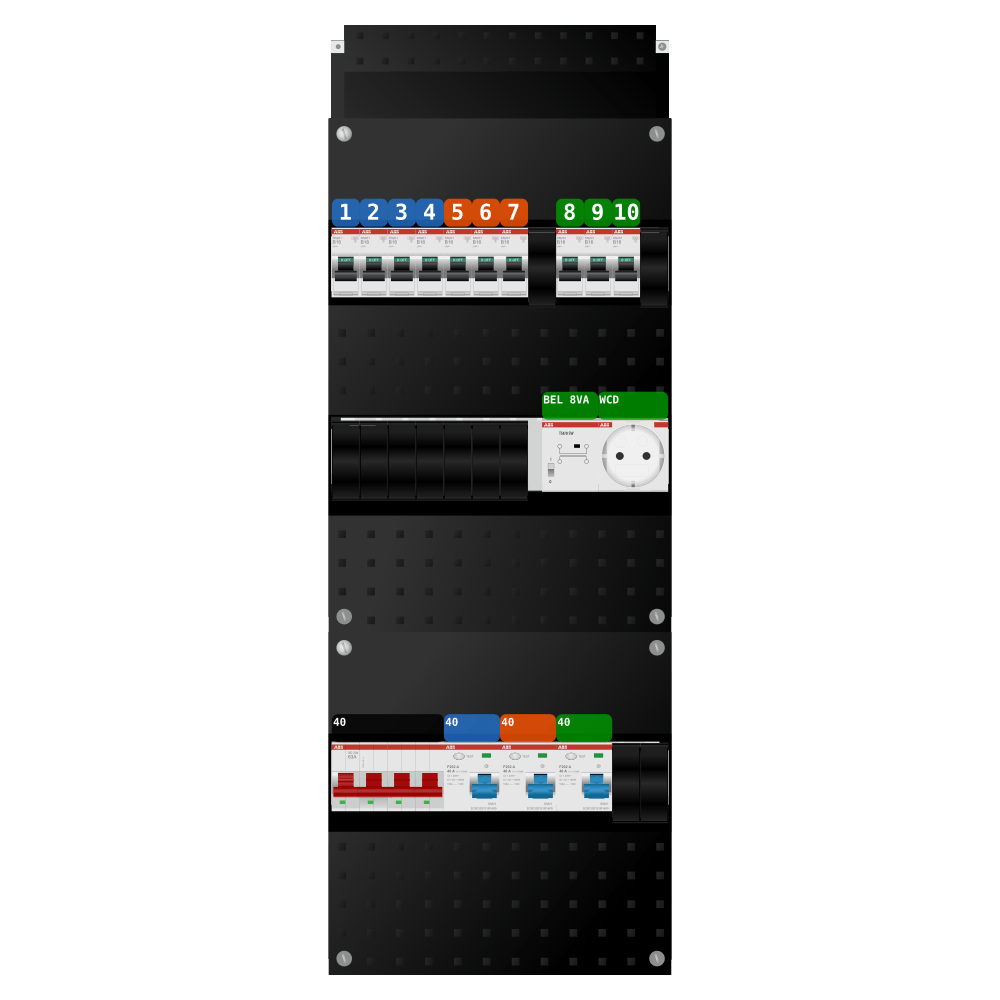 ABB Groepenkast 3 fase 10 groepen + beltrafo + wcd SN201