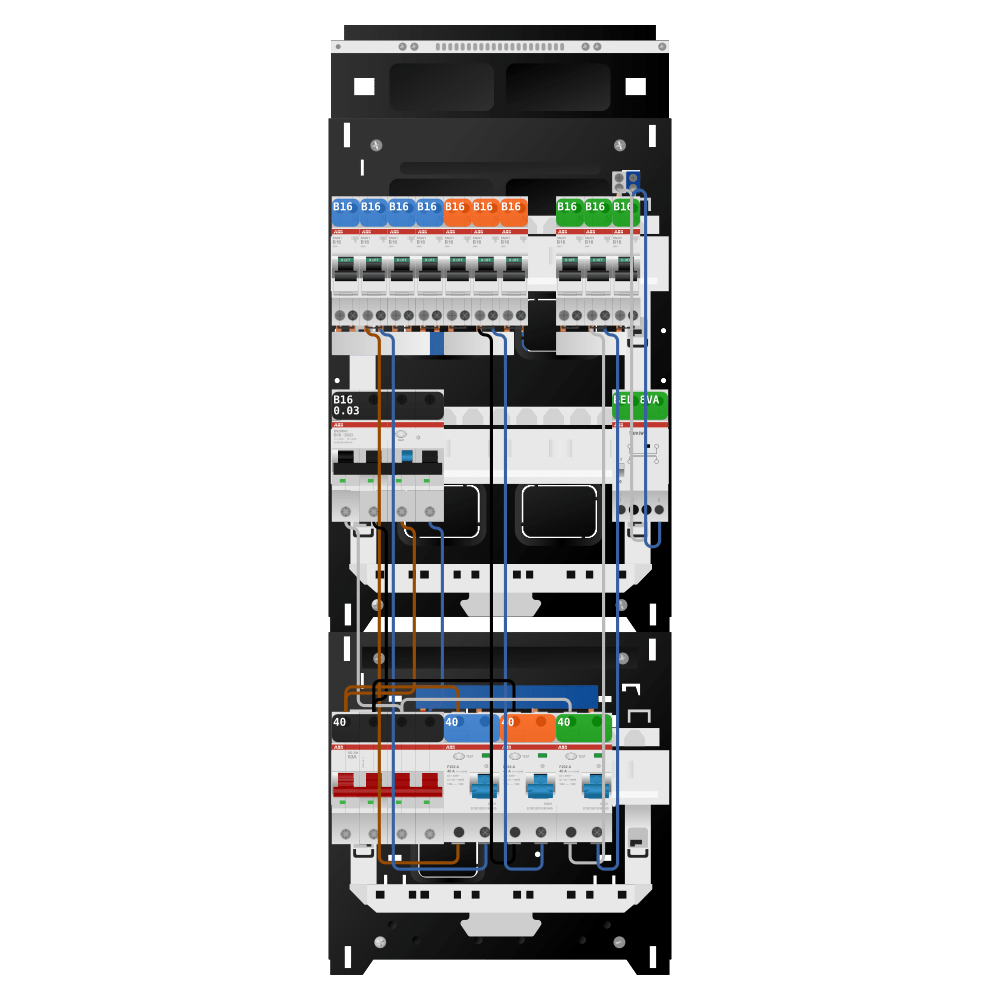 ABB Groepenkast 3 fase 10 groepen + beltrafo + kracht SN201