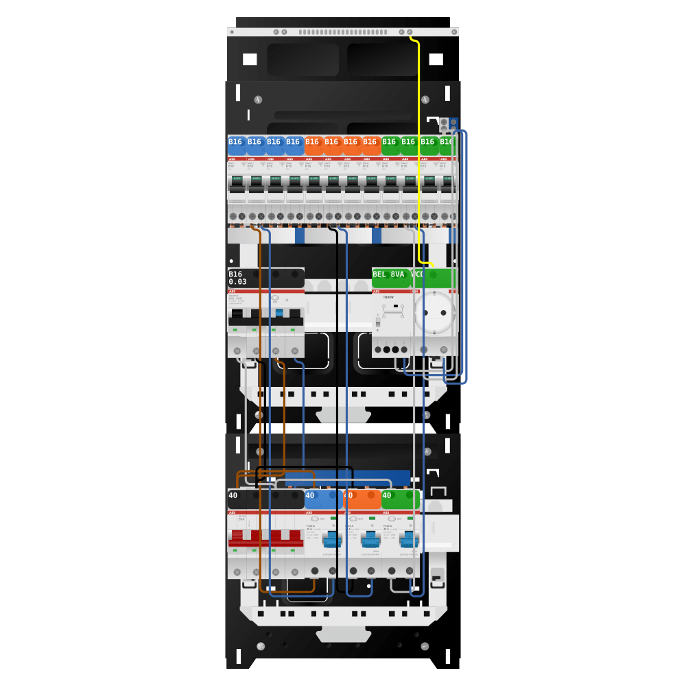 ABB Groepenkast 3 fase 12 groepen + beltrafo + wcd + kracht SN201