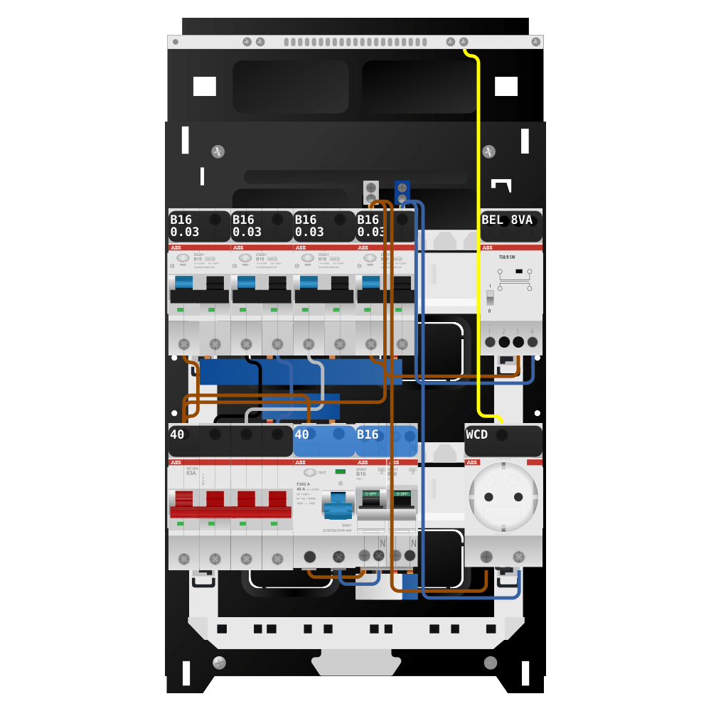 ABB Groepenkast 3 fase 4 alamat + beltrafo + wcd + kookgroep SN201
