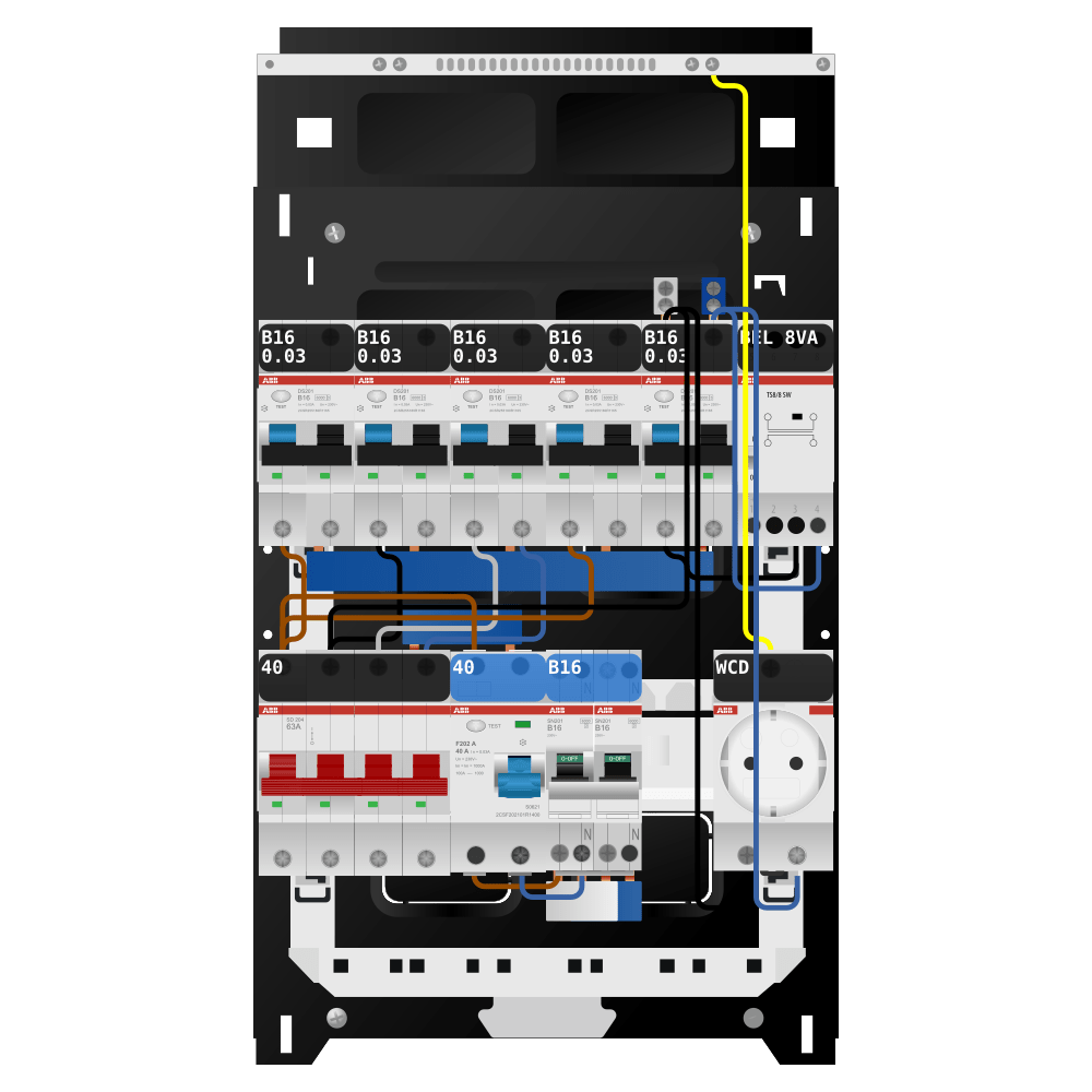ABB Groepenkast 3 fase 5 alamat + beltrafo + wcd + kookgroep SN201