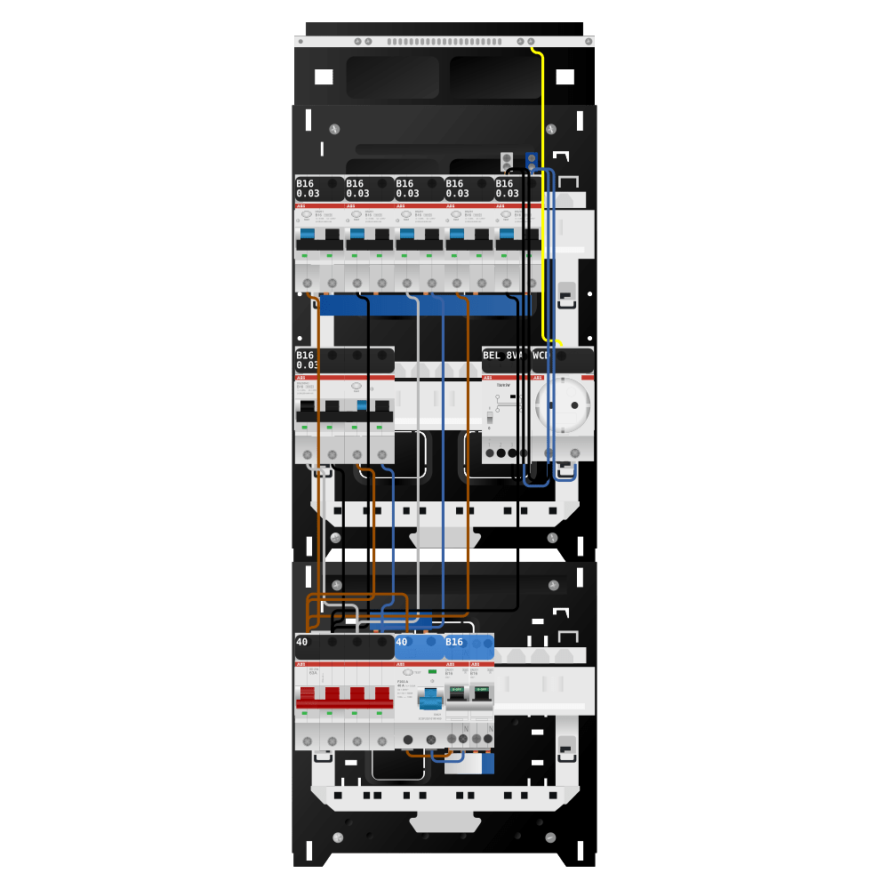 ABB Groepenkast 3 fase 5 alamat + beltrafo + wcd + kookgroep + kracht SN201