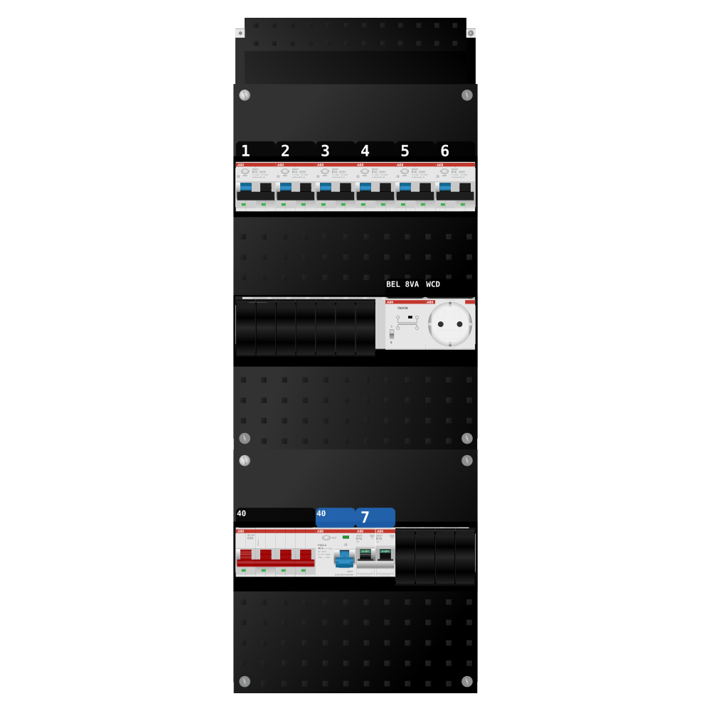 ABB Groepenkast 3 fase 6 alamat + beltrafo + wcd + kookgroep SN201