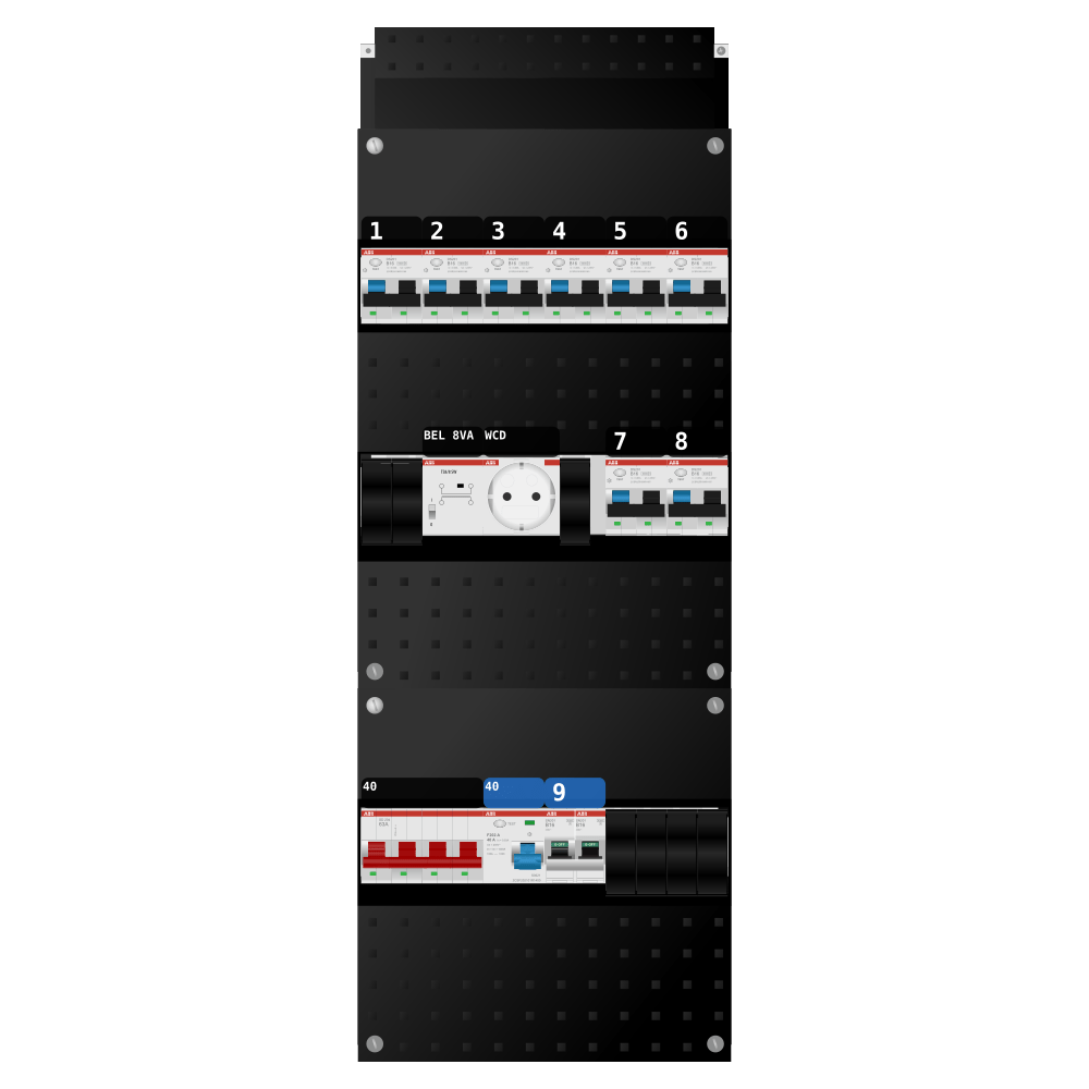 ABB Groepenkast 3 fase 8 alamat + beltrafo + wcd + kookgroep SN201
