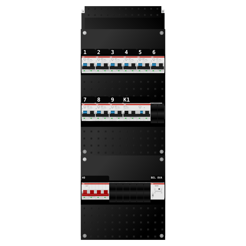 ABB Groepenkast 3 fase 9 alamat + beltrafo + kracht SN201