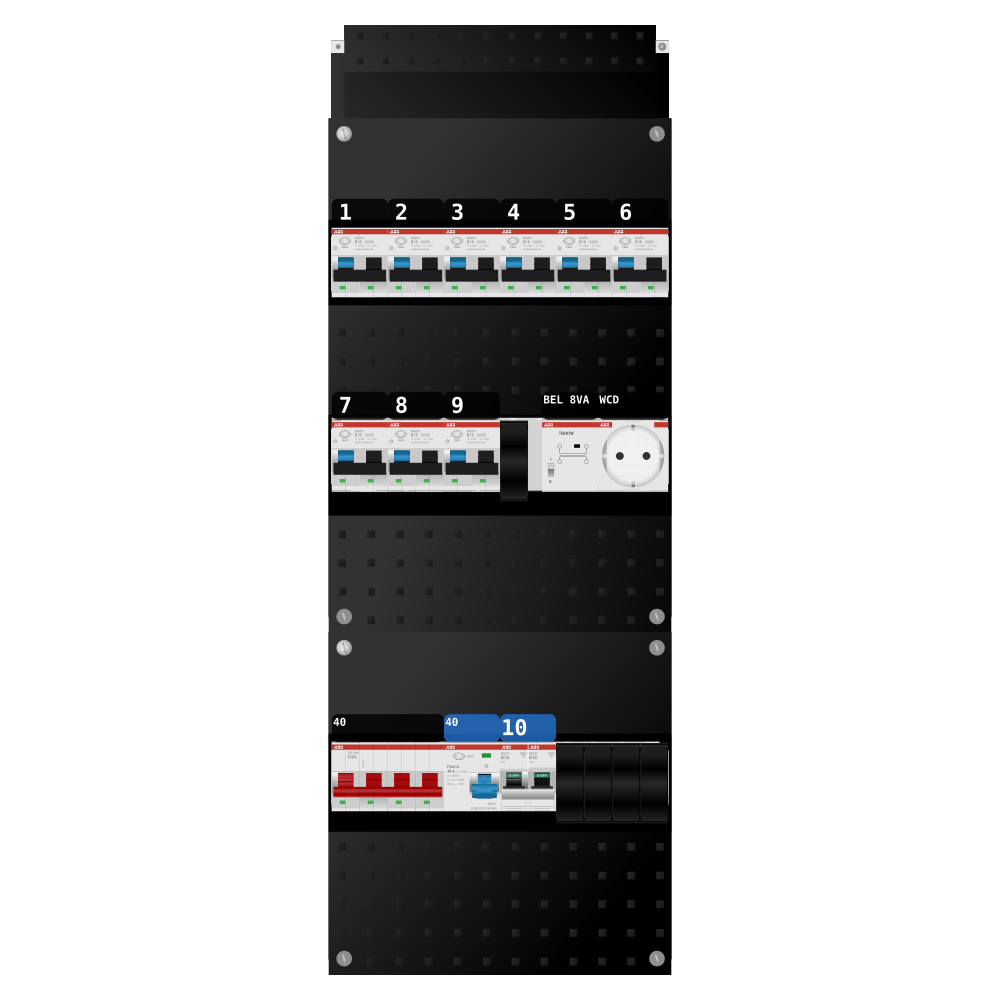 ABB Groepenkast 3 fase 9 alamat + beltrafo + wcd + kookgroep SN201
