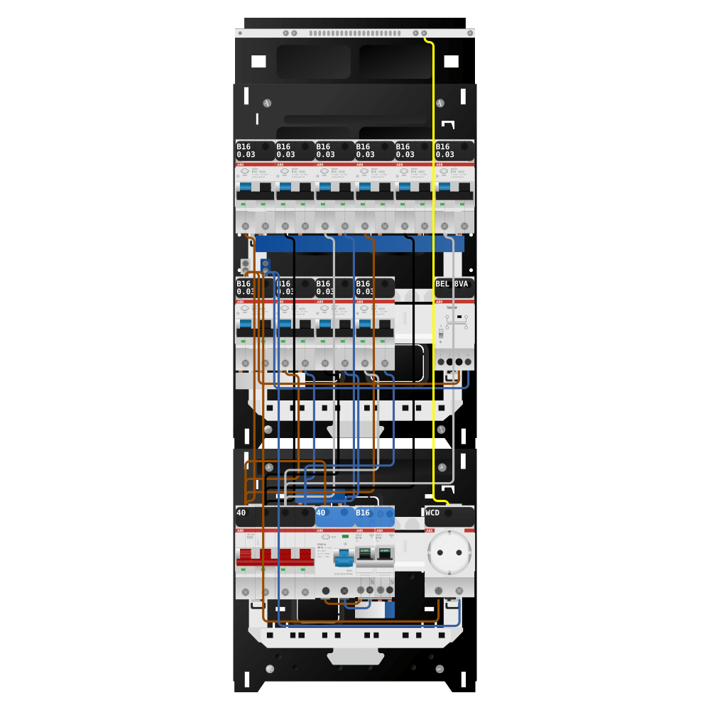ABB Groepenkast 3 fase 10 alamat + beltrafo + wcd + kookgroep SN201