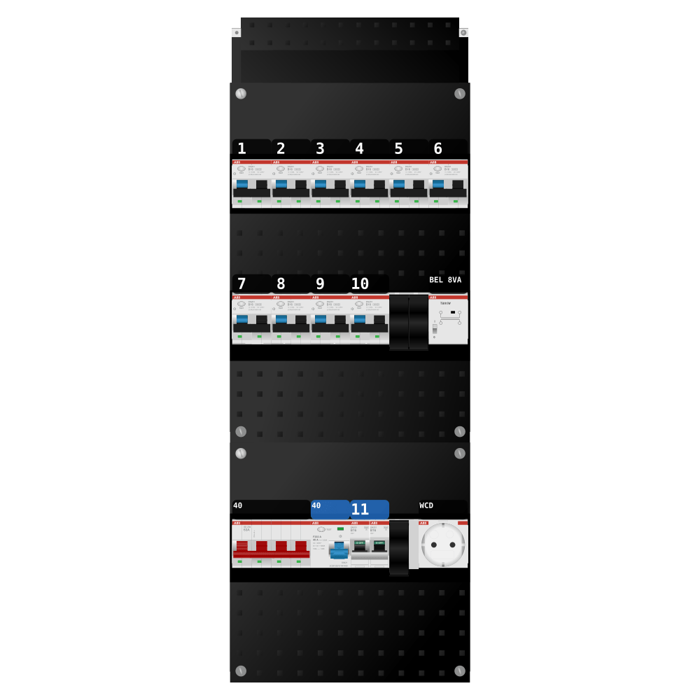 ABB Groepenkast 3 fase 10 alamat + beltrafo + wcd + kookgroep SN201