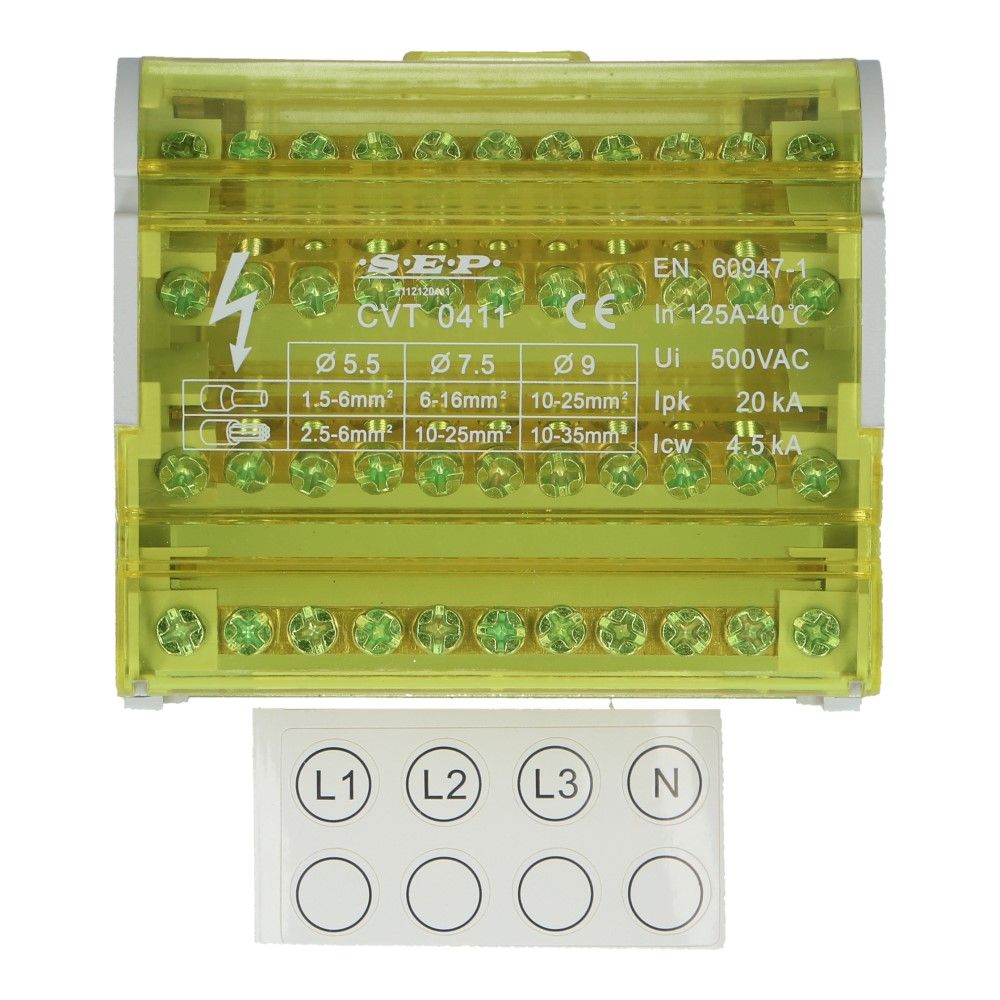 Verdeelblok CVT 125A 4 rijen 11 aansluitingen 500VAC