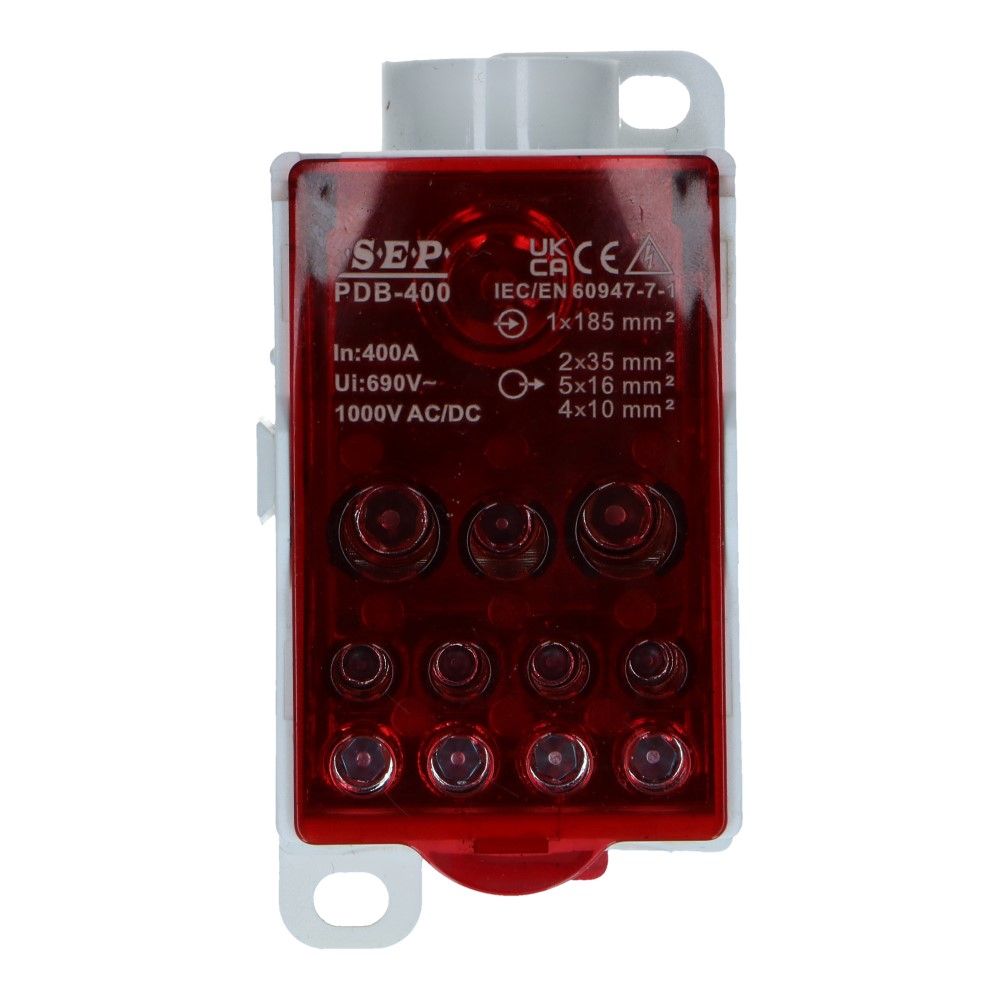 Aftakklem PDB 400A 1x185mm² - 2x35mm² 5x16mm² 4x10mm² 24.5kA