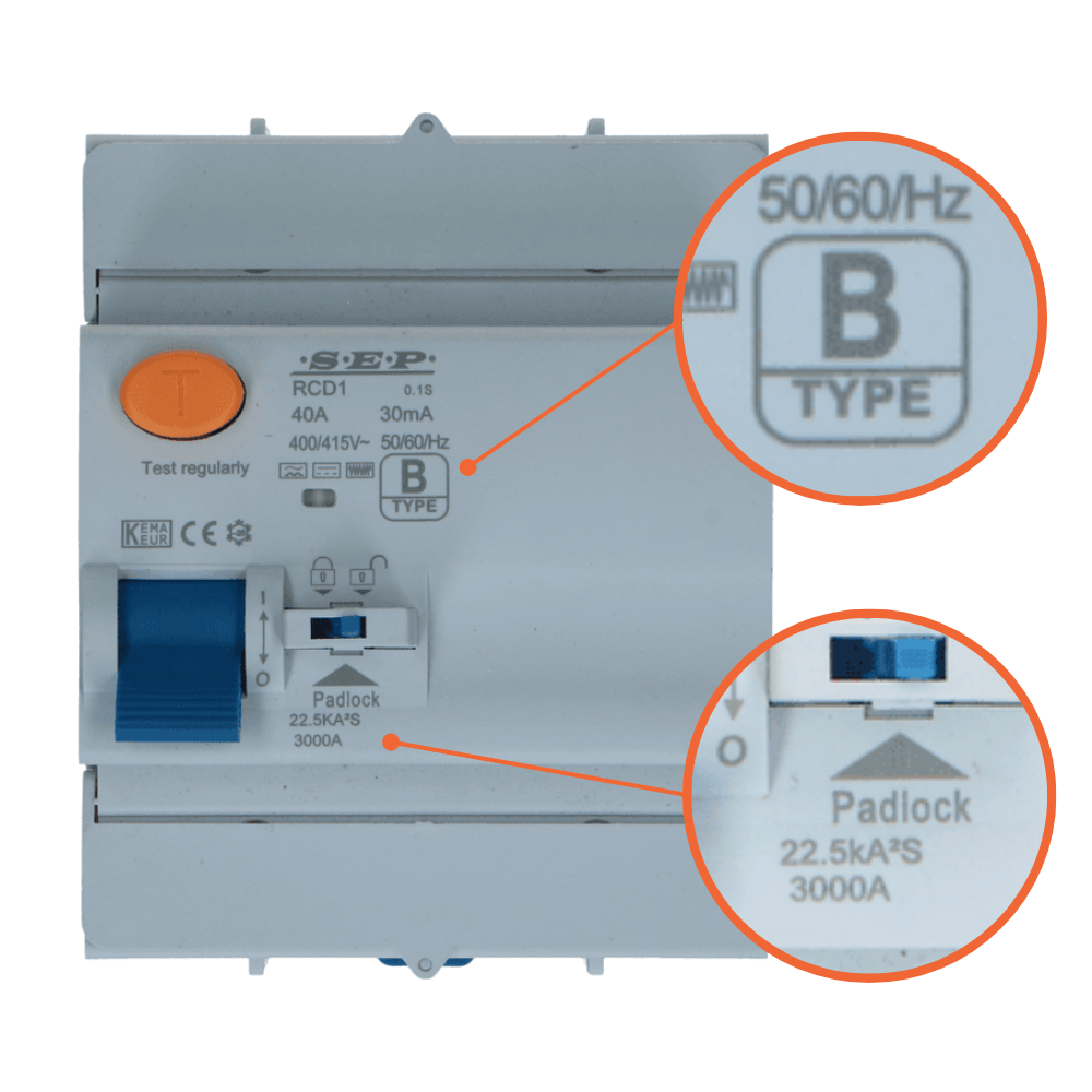 Aardlekschakelaar 40A 4 polig 30mA Type B 10kA RCD1