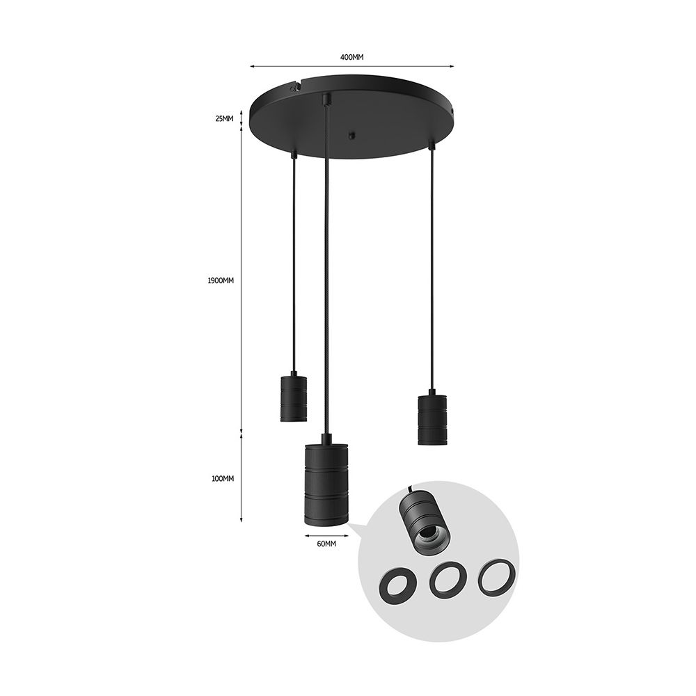 Calex Retro armatuur E27 met plafondplaat 400mm 3x fitting zwart