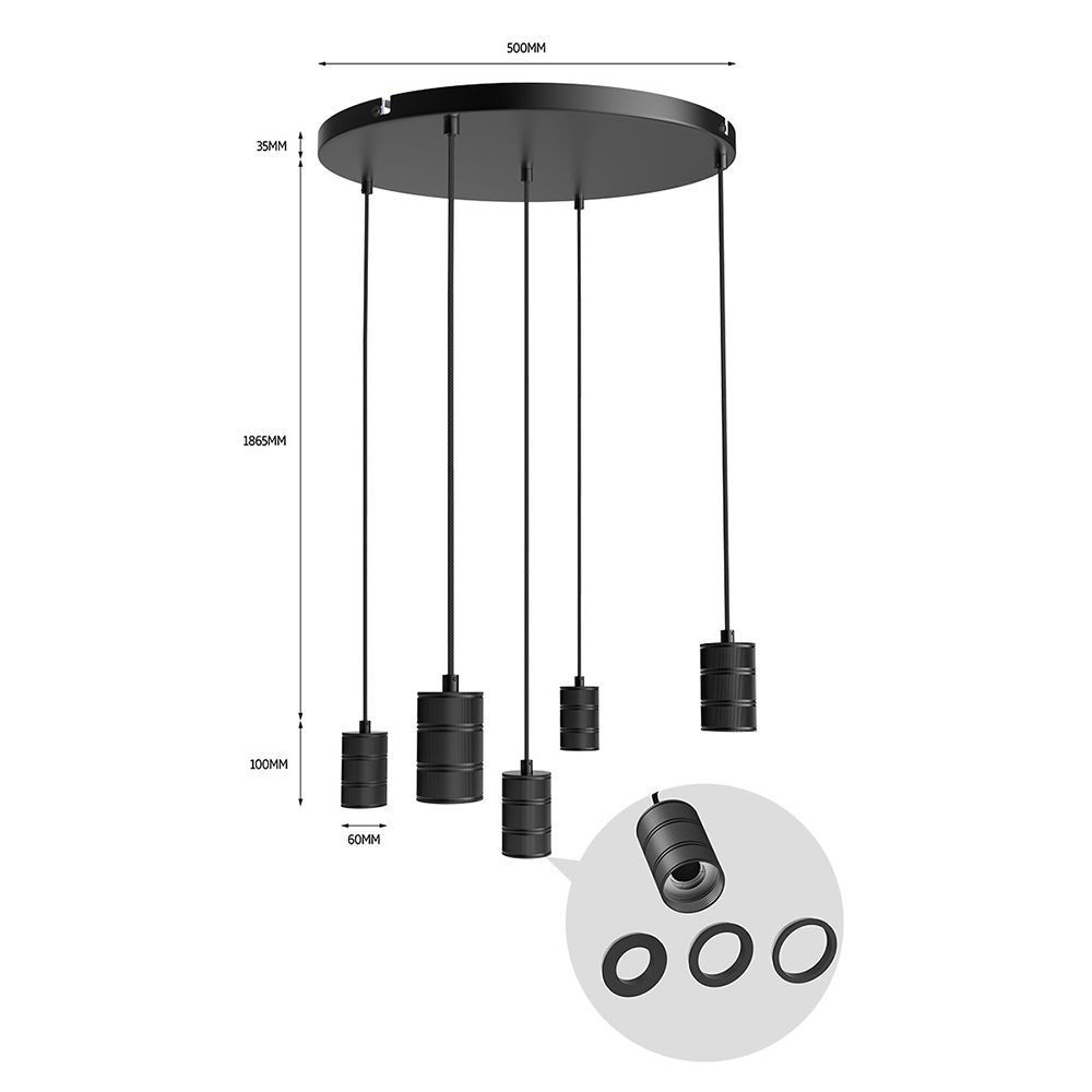 Calex Retro armatuur E27 met plafondplaat 500mm 5x fitting zwart