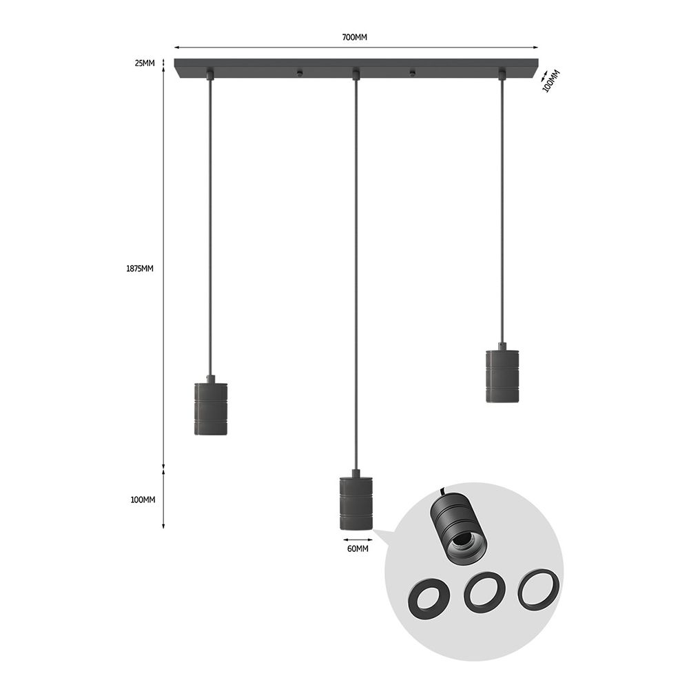 Calex Retro armatuur E27 met plafondplaat 700x100mm 3x fitting zwart
