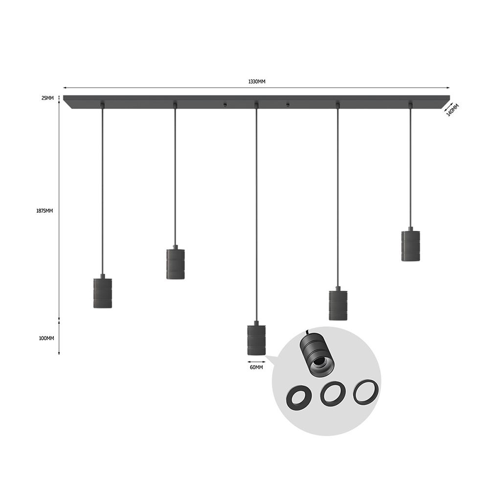 Calex Retro armatuur E27 met plafondplaat 1330x140mm 5x fitting zwart