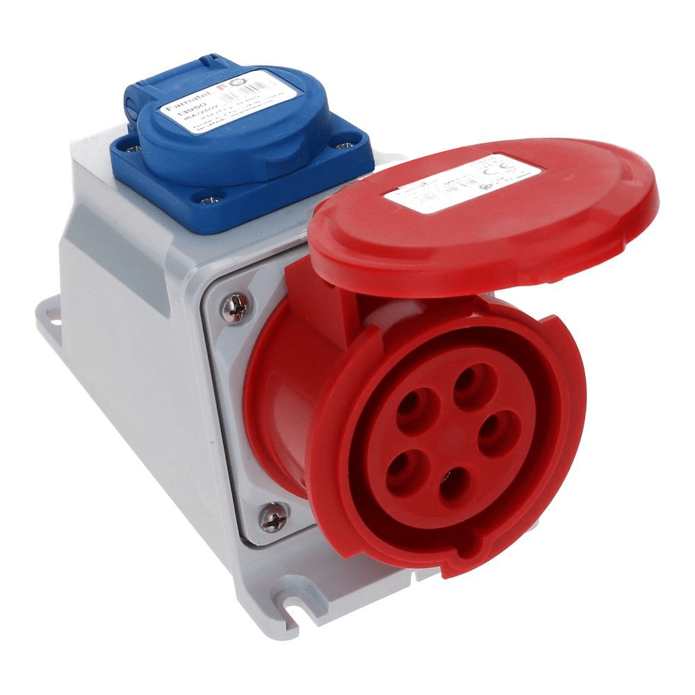 CEE female 5 polig 6H 16A IP44 wcd 380-415 VAC + schuko wcd