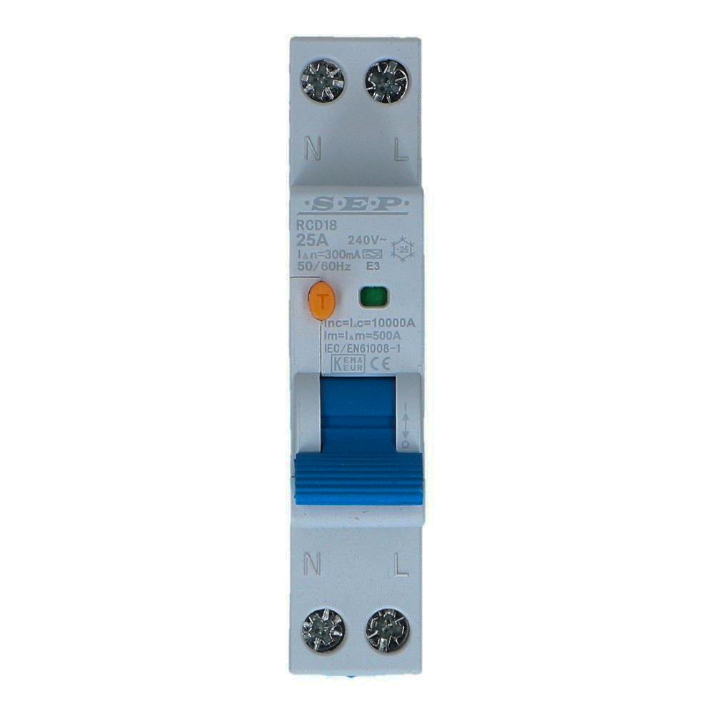 Aardlekschakelaar 25A 1 polig + nul 30mA 18mm RCD18