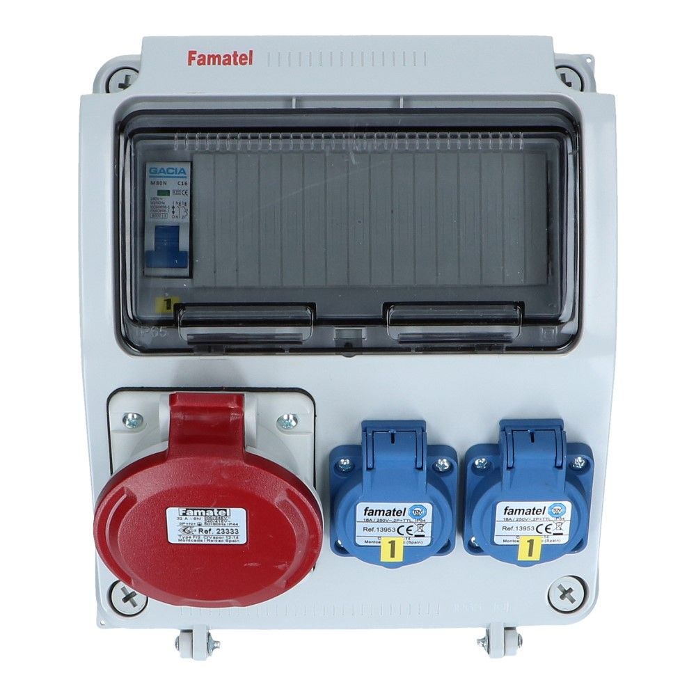 Wandverdeelkast IP44 1x CEE 32A 5p beveiligd: 2x schuko per 2