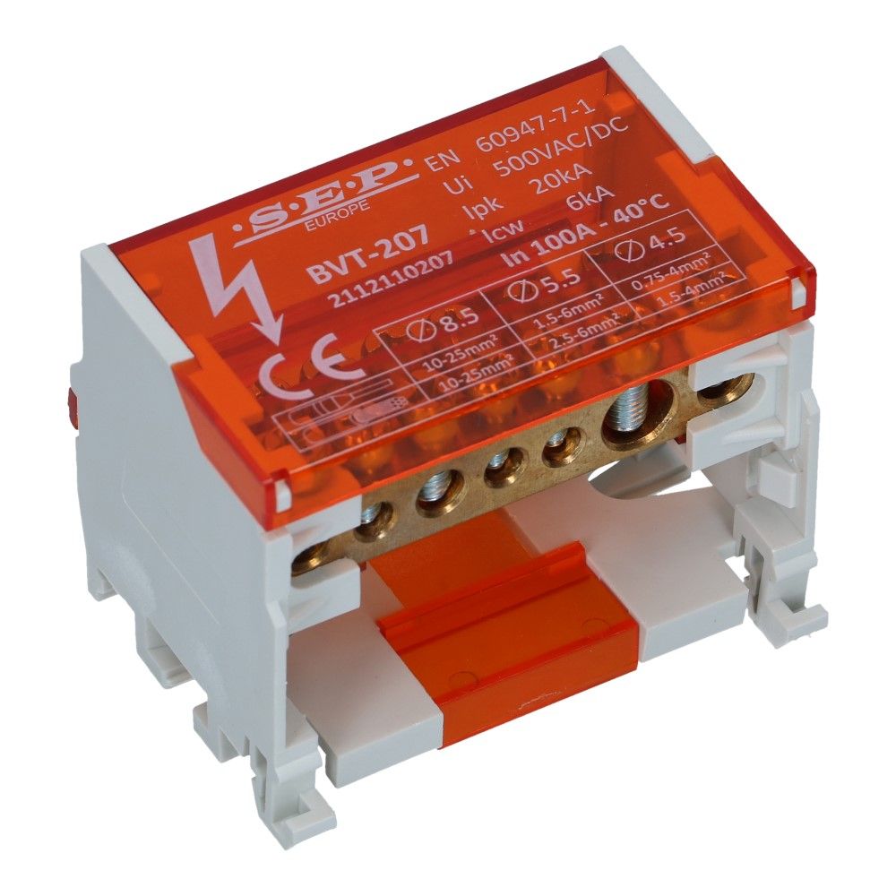Verdeelblok BVT 100A 2 rijen 7 aansluitingen 500V AC/DC