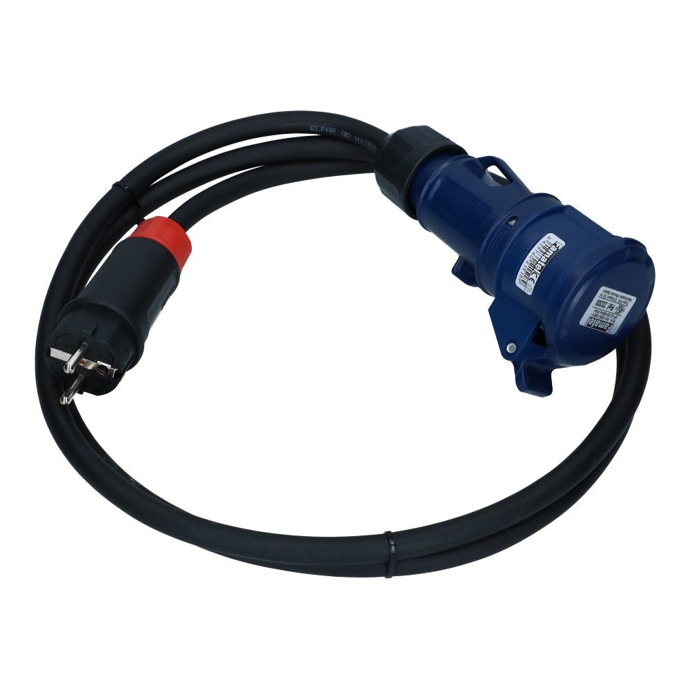 CEE female 3 polig 6H 16A Schuko male kabel 3x2.5mm² 2 meter IP44 H07RN-F