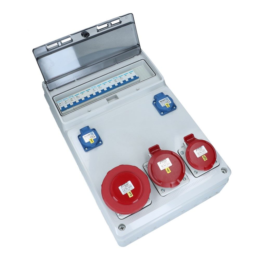 Wandverdeelkast IP44 beveiligd: 1x CEE 63A 5p 1x32A 5p 1x16A 5p 2x schuko
