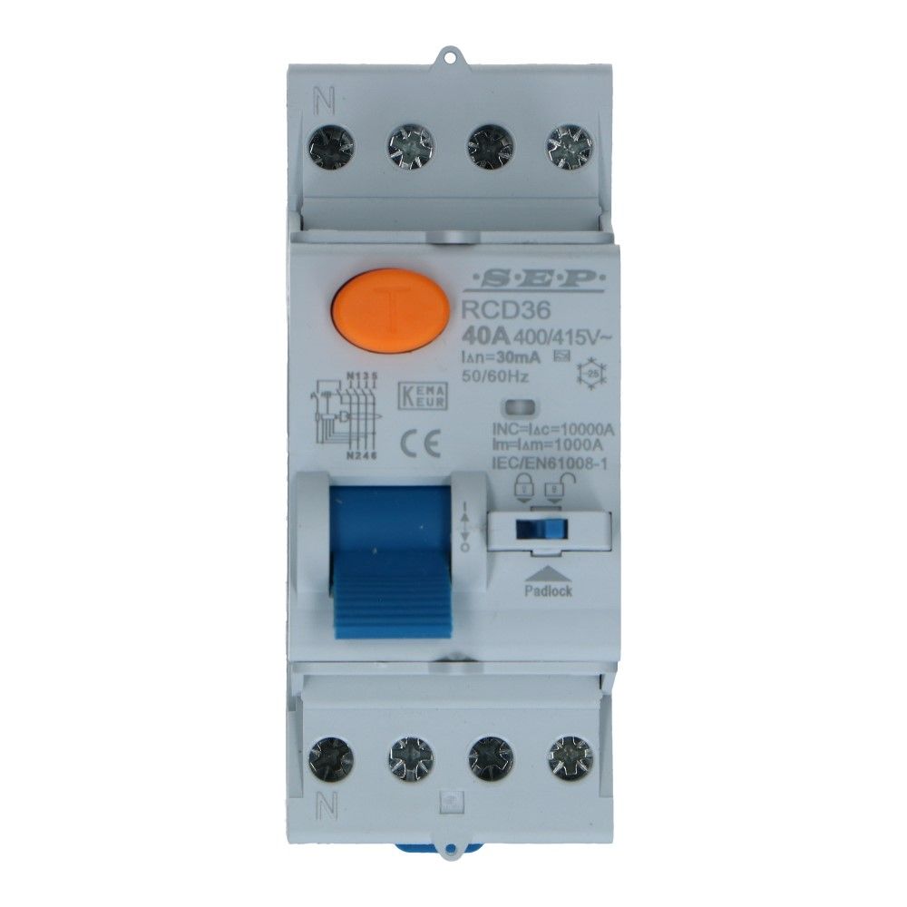 Aardlekschakelaar 40A 3 polig + nul 30mA Type A 10kA RCD36