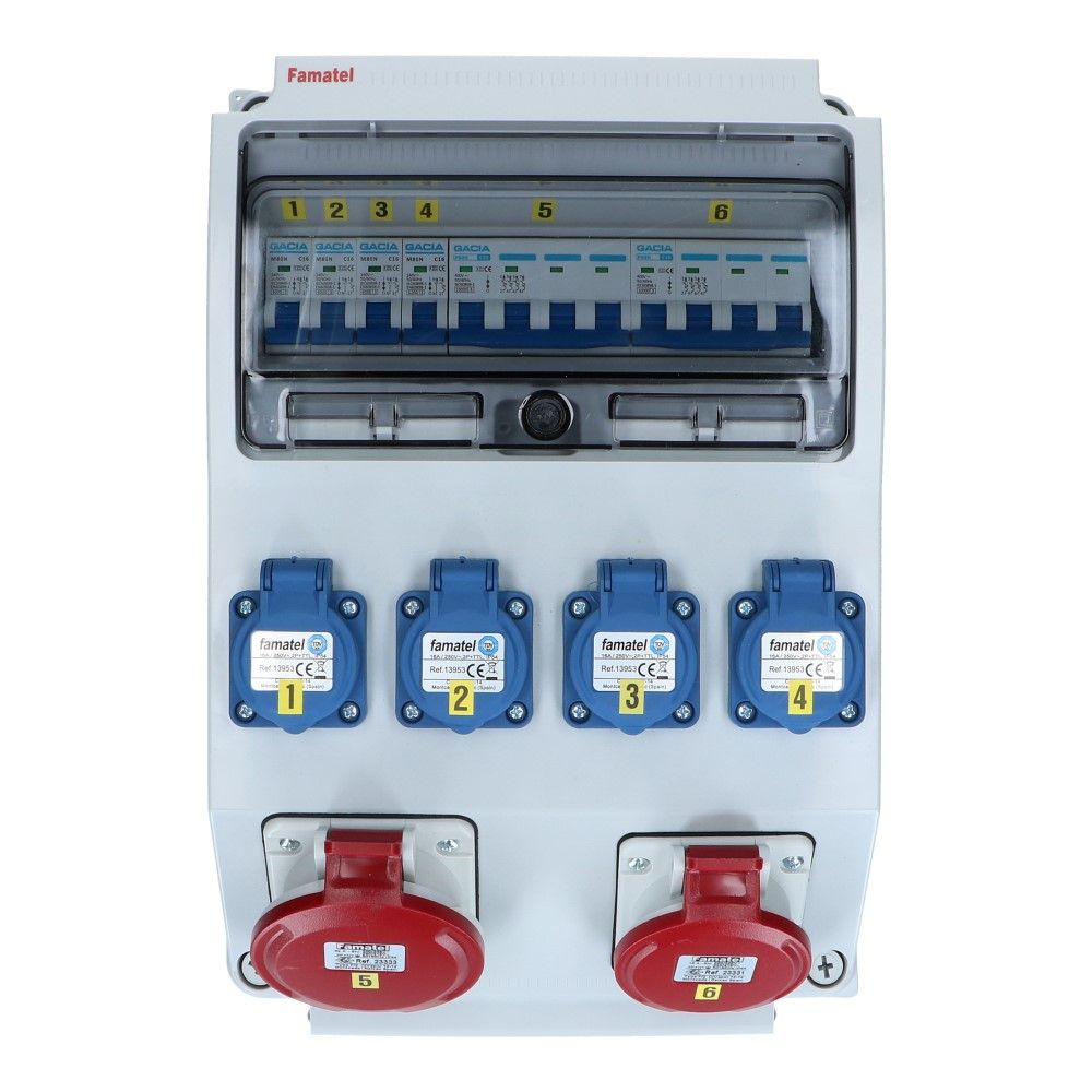 Wandverdeelkast IP44 beveiligd: 1x CEE 32A 5p 1x16A 5p 4x schuko