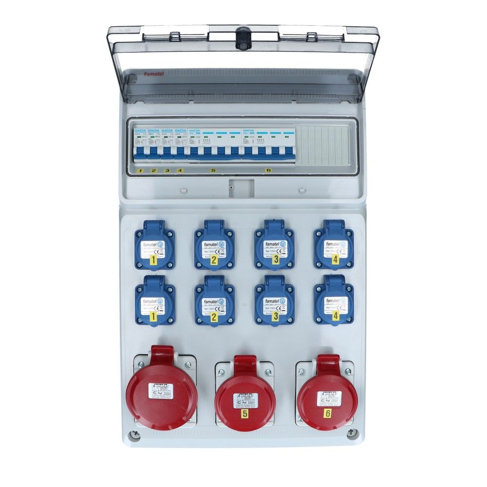 Wandverdeelkast IP44 1x CEE 32A 5p beveiligd: 2x16A 5p 8x schuko per 2