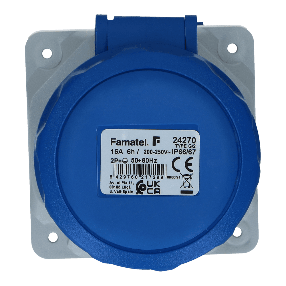 CEE female 3 polig 6H 16A IP67 inbouw wcd 220-240VAC recht