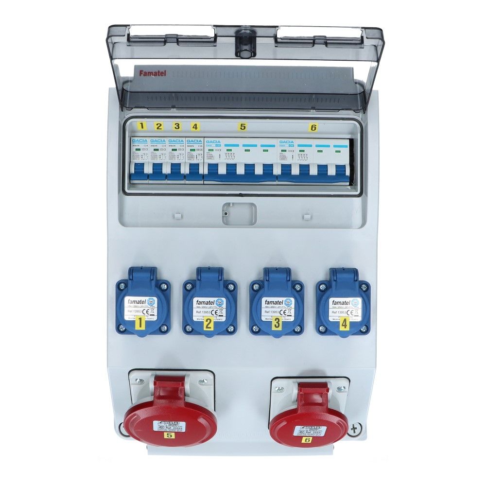 Wandverdeelkast IP44 beveiligd: 1x CEE 32A 5p 1x16A 5p 4x schuko