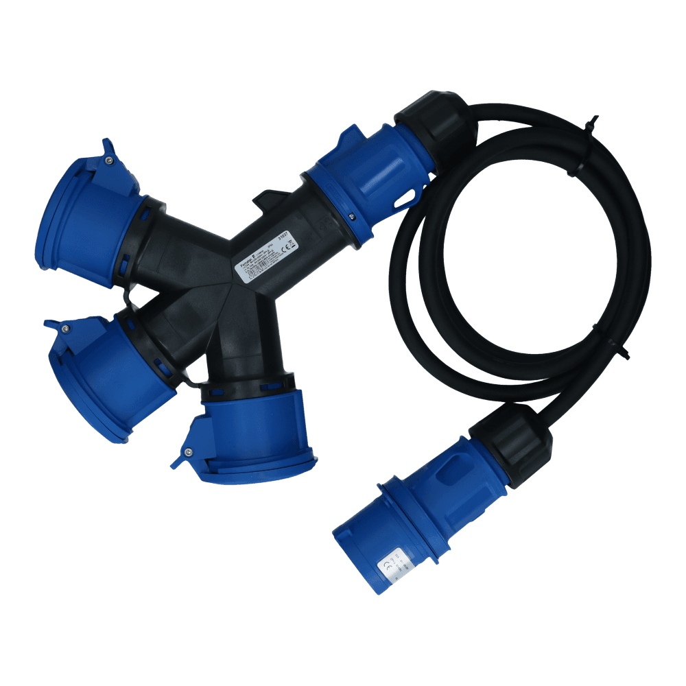 CEE verlengkabel 3 polig naar 3xCEE 3polig 32A female 2 meter IP54 H07RN-F