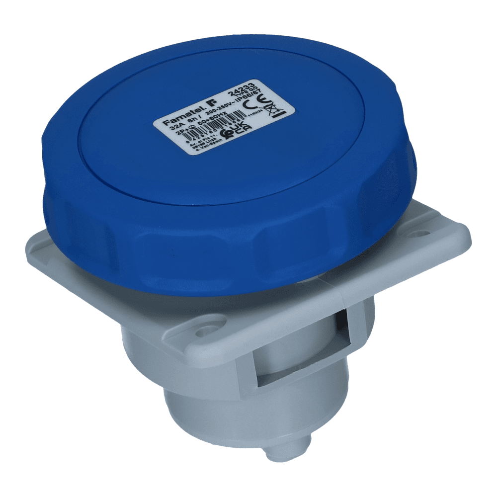 CEE female 3 polig 6H 32A IP67 inbouw wcd 220-240VAC