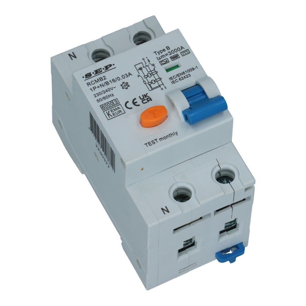 Aardlekautomaat B 16A 1 polig + nul Type B 30mA 6kA 45mm RCMB
