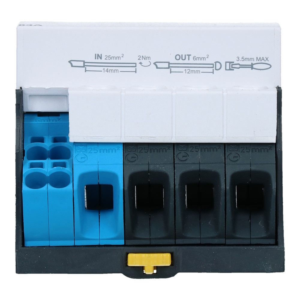 Verdeelblok DX 63A onder 4 rijen 6 aansluitingen 500VAC