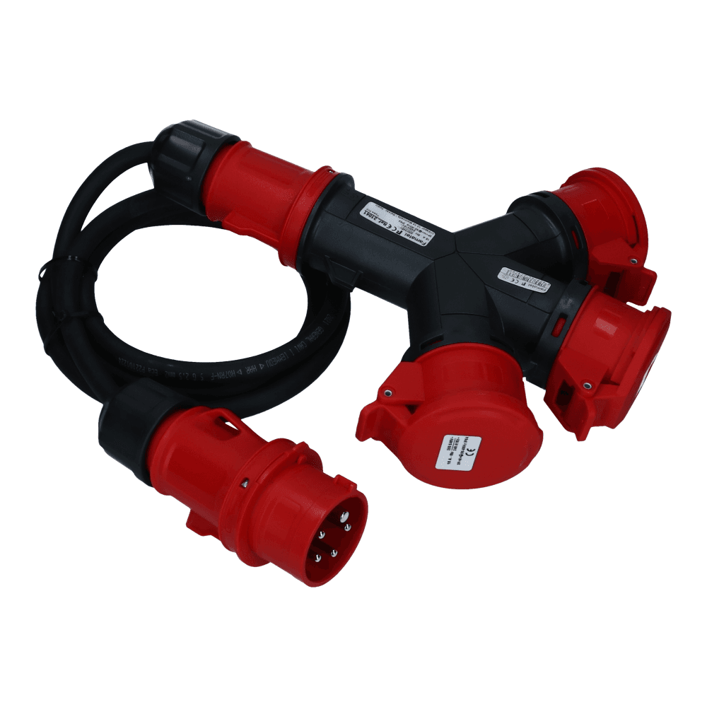 CEE verlengkabel 5 polig naar 3xCEE 5polig 32A female 2 meter IP54 H07RN-F