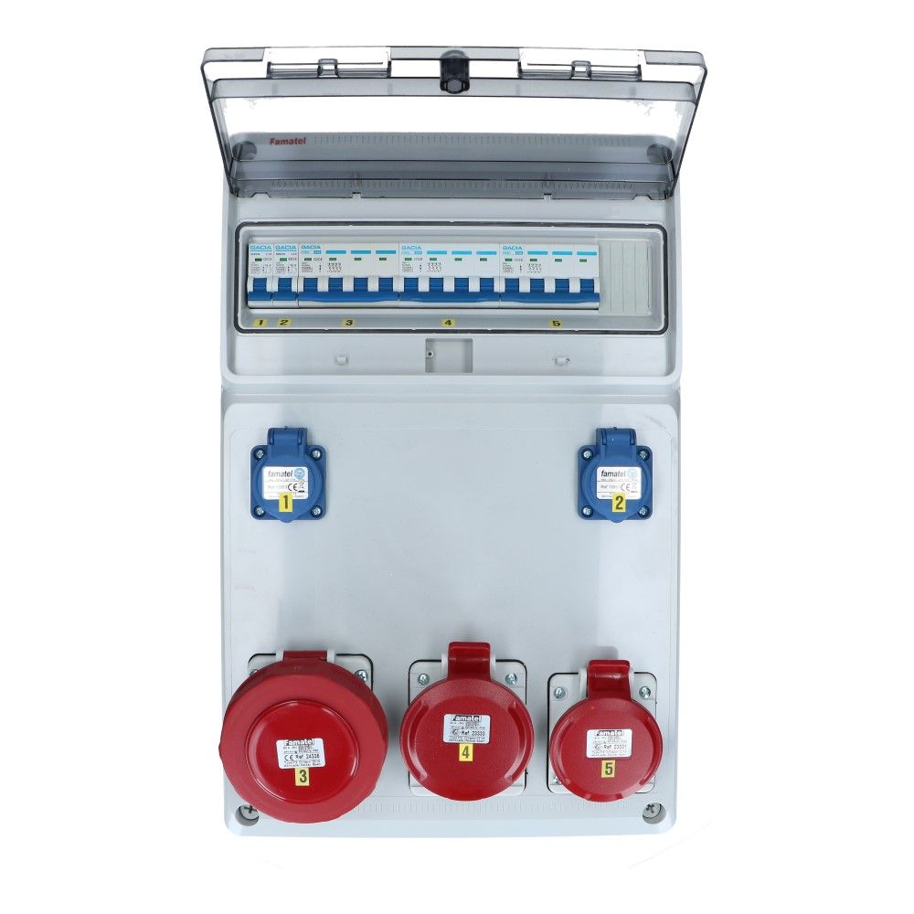 Wandverdeelkast IP44 beveiligd: 1x CEE 63A 5p 1x32A 5p 1x16A 5p 2x schuko