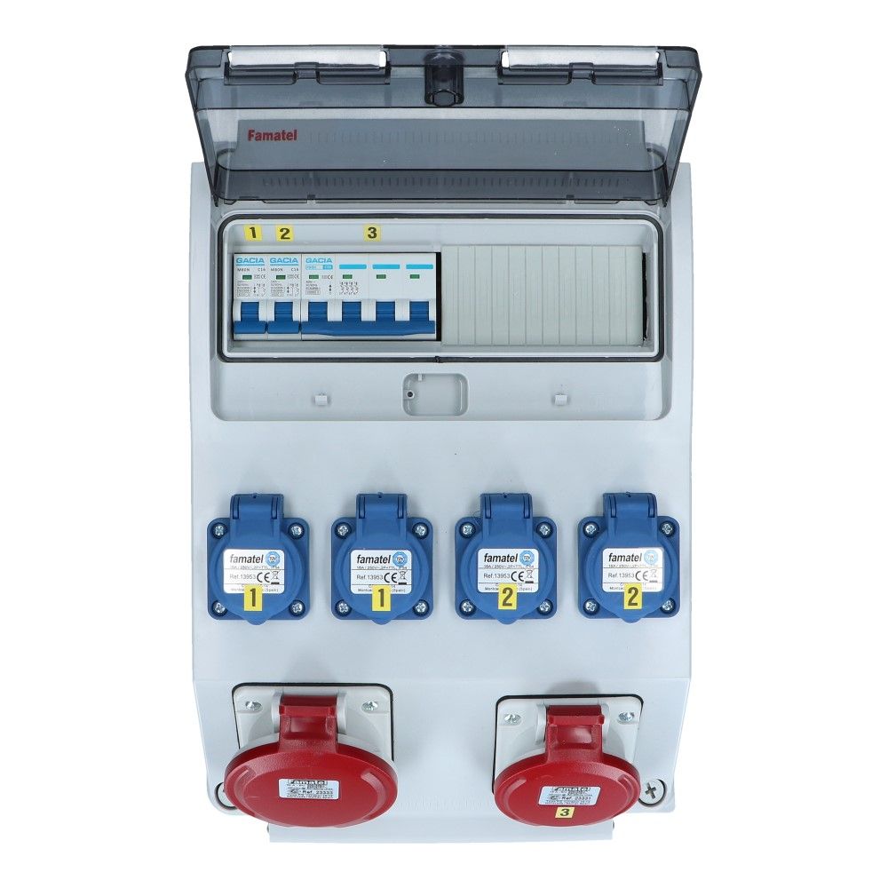 Wandverdeelkast IP44 1x CEE 32A 5p beveiligd: 1x16A 5p 4x schuko per 2