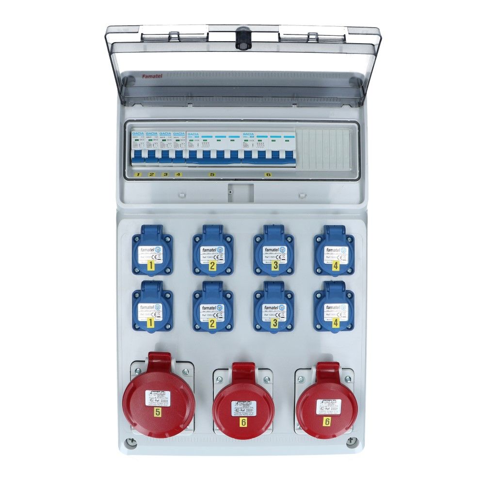 Wandverdeelkast IP44 beveiligd: 1x CEE 32A 5p 2x16A 5p 8x schuko per 2