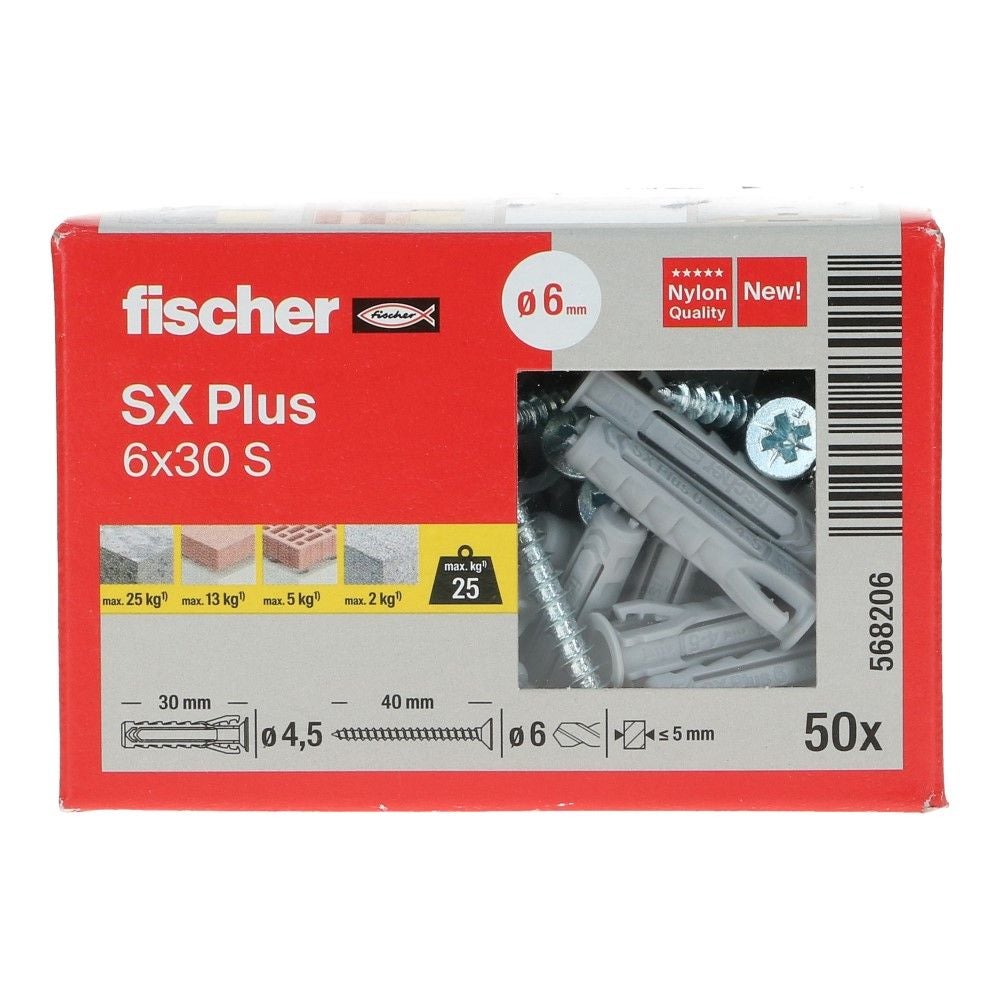 Nylon plug SX Plus met rand 6x30mm met schroef 4.5x40mm PZ2 - 50 stuks