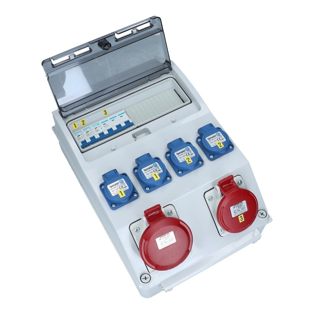 Wandverdeelkast IP44 1x CEE 32A 5p beveiligd: 1x16A 5p 4x schuko per 2