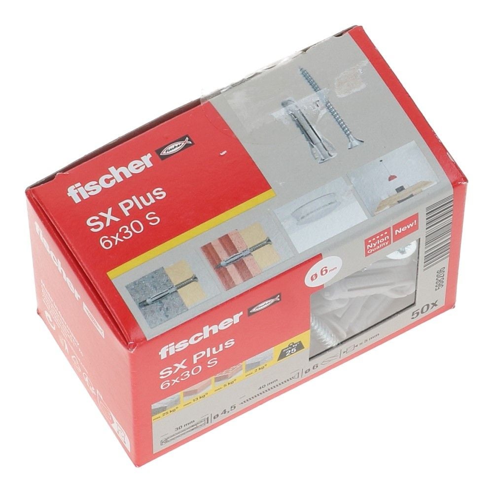 Nylon plug SX Plus met rand 6x30mm met schroef 4.5x40mm PZ2 - 50 stuks