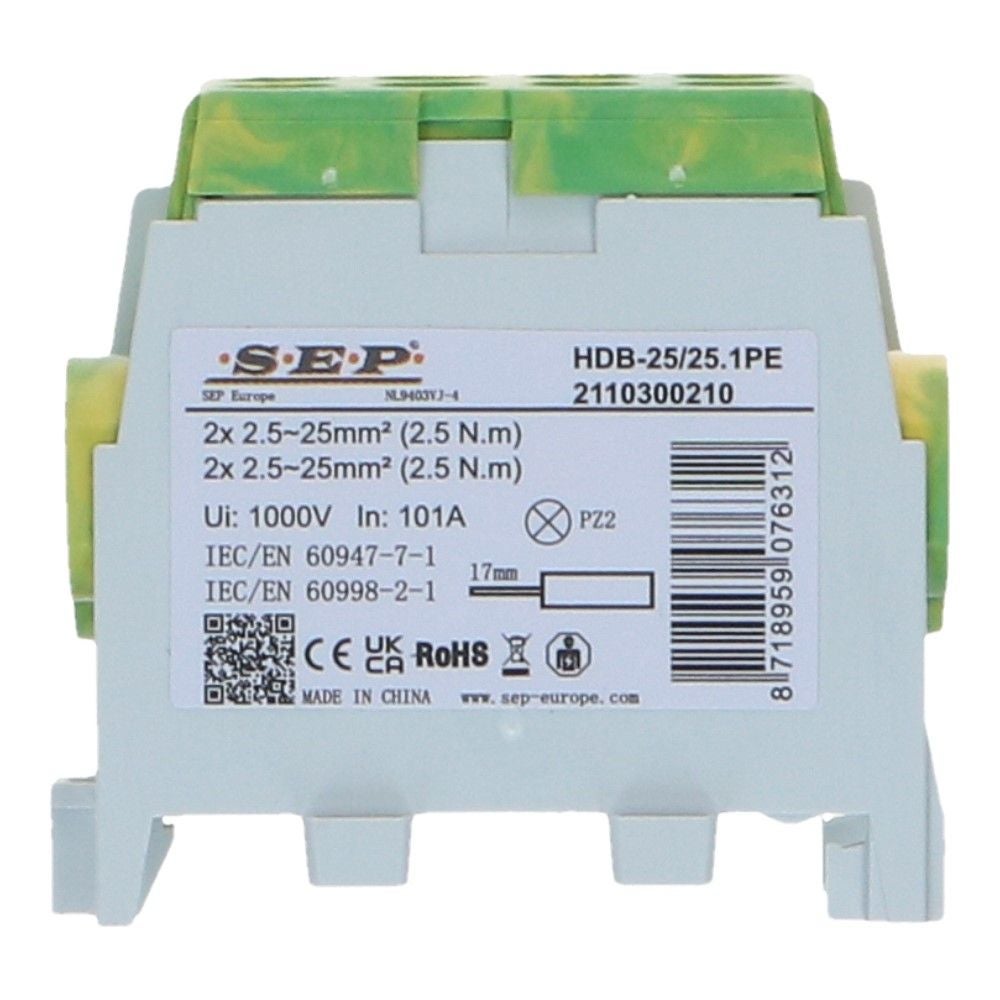 HLAK Hoofdkabel aftakklem 2x25mm² geel/groen