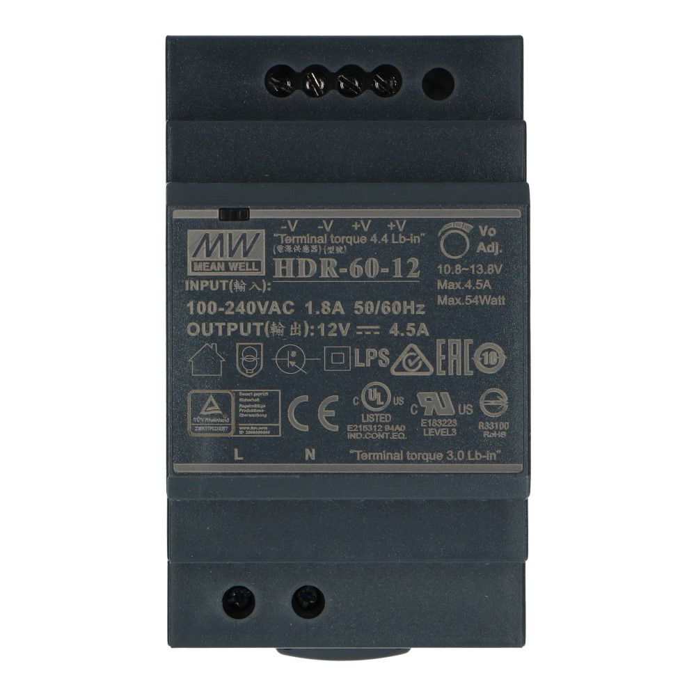 Voeding 12VDC 54W 4.5A dinrail ingang 85-264VAC